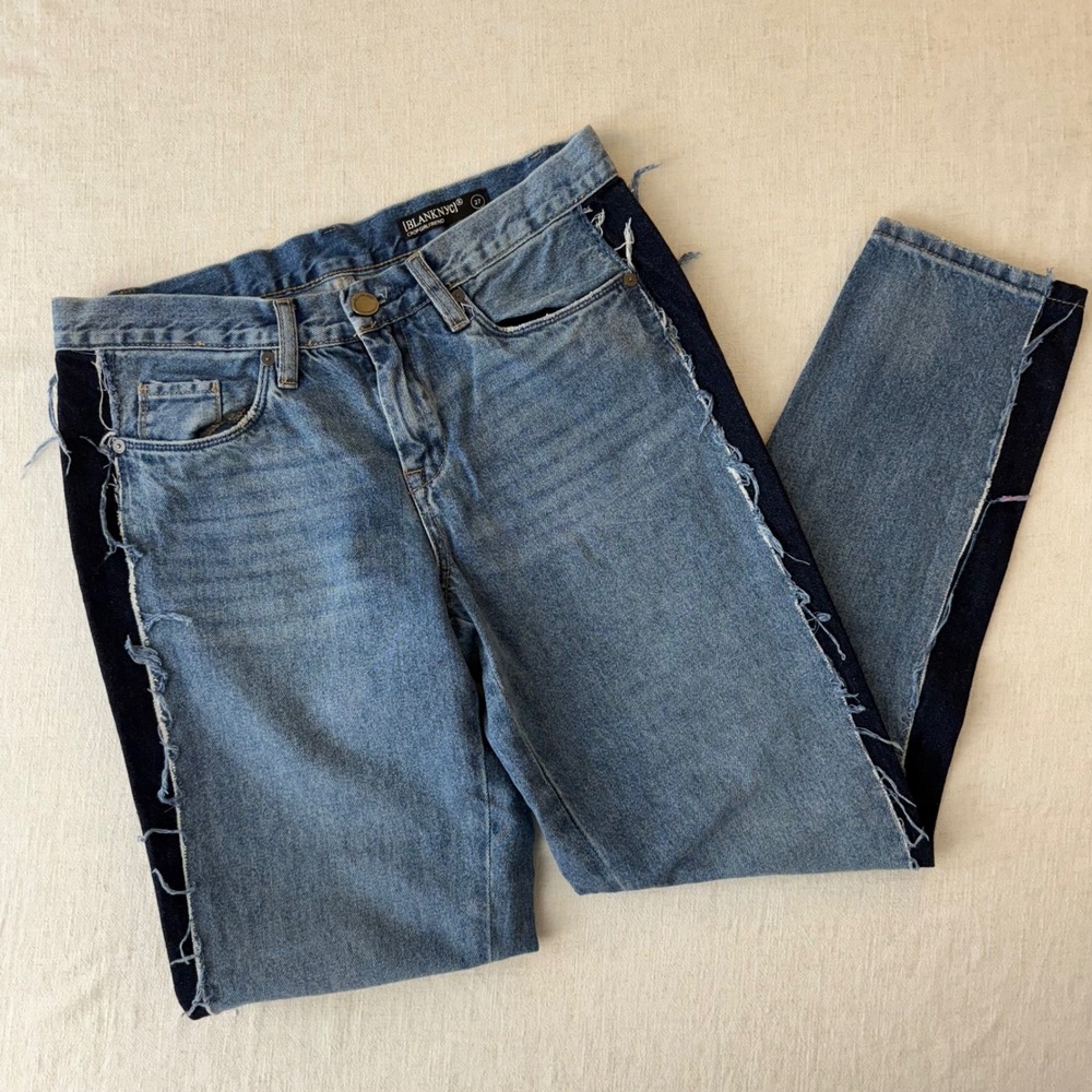 BlankNYC Crop Girlfriend Two Tone Side Stripe‎ Raw Hem Jeans  Blue 27